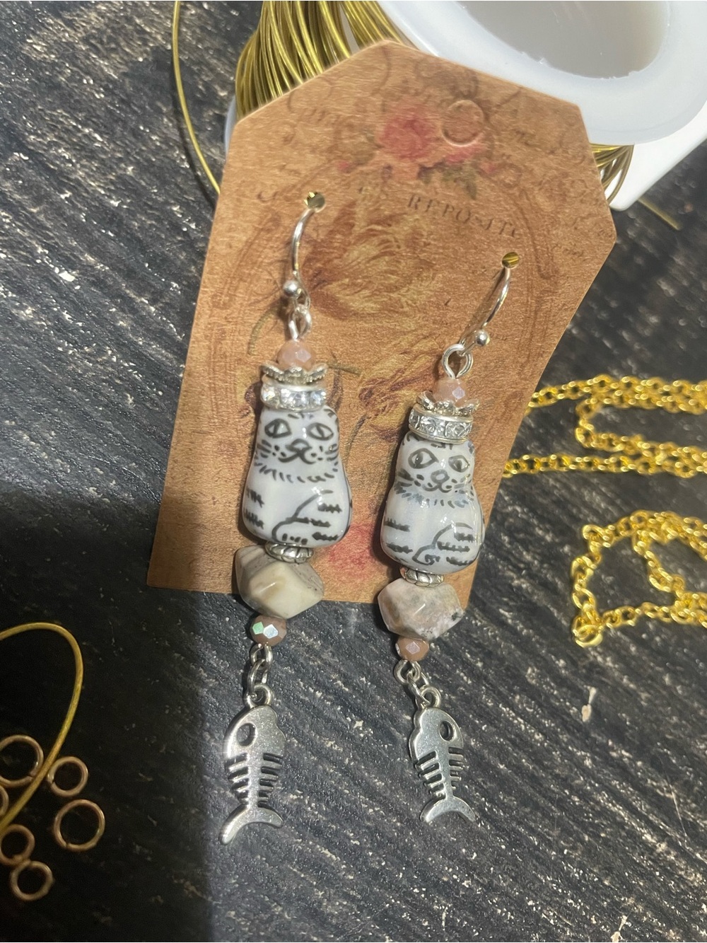 Renaissance White & Gray Cat Dangle Earrings with Silver Fish Charms